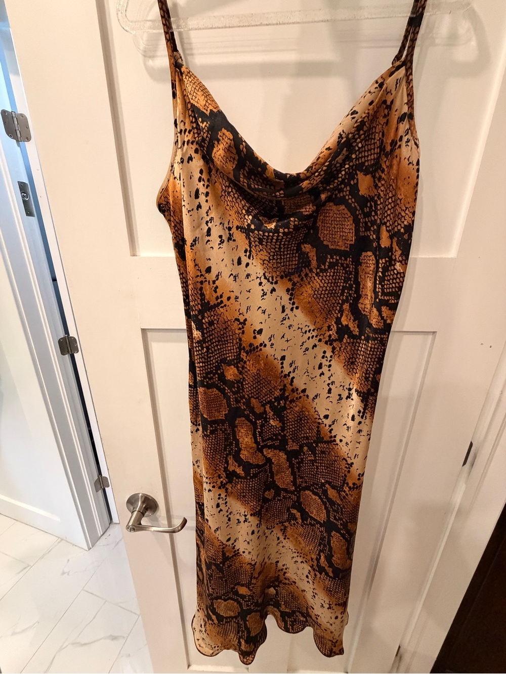 bebe Cowl Neck Black and Brown Snake-Print Slip Dress